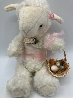 Plush Lamb and Basket Articulated Joints Basket Ribbons Bows Carrots Eggs